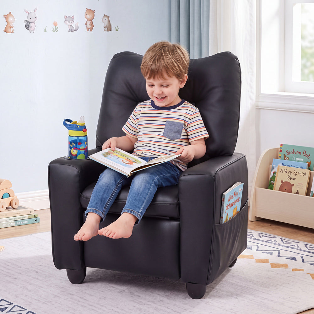 Kids Recliner with Cup Holder Armrests and Adjustable Backrest for Playroom-Black - Gallery View 1 of 11