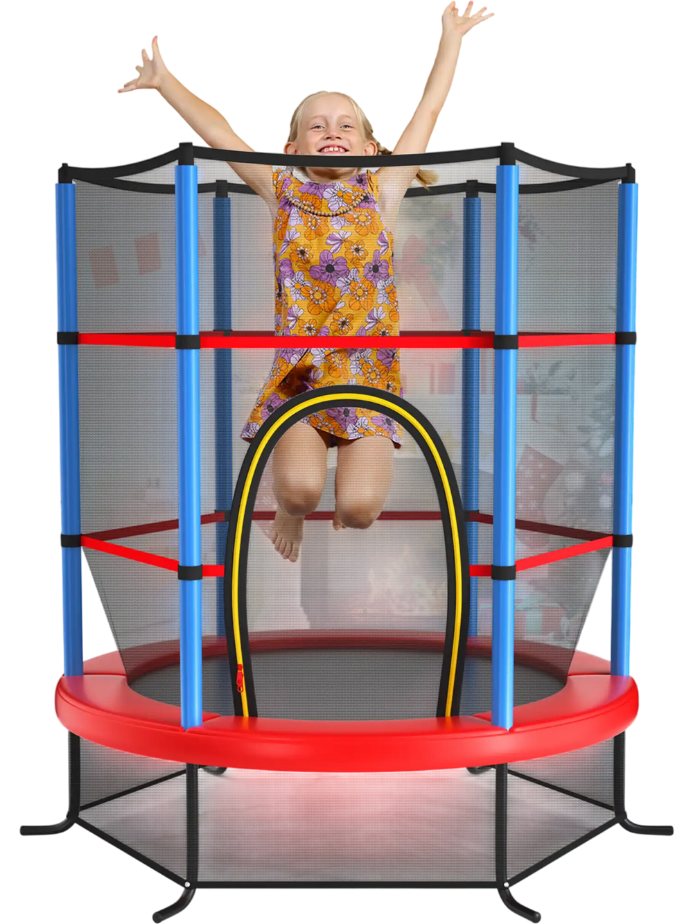 Kids' 55-inch recreational trampoline with enclosure net, featuring a durable frame and stable L-shaped legs for safe.