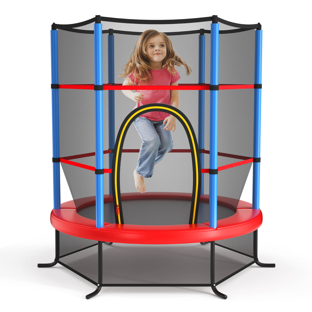 Kids recreational trampoline with enclosure net, 55 inches, featuring a stable design and vibrant red and blue colors.