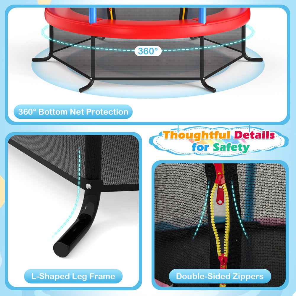 L-shaped leg frame detail of the 55-inch kids trampoline with enclosure net for enhanced stability and safety.