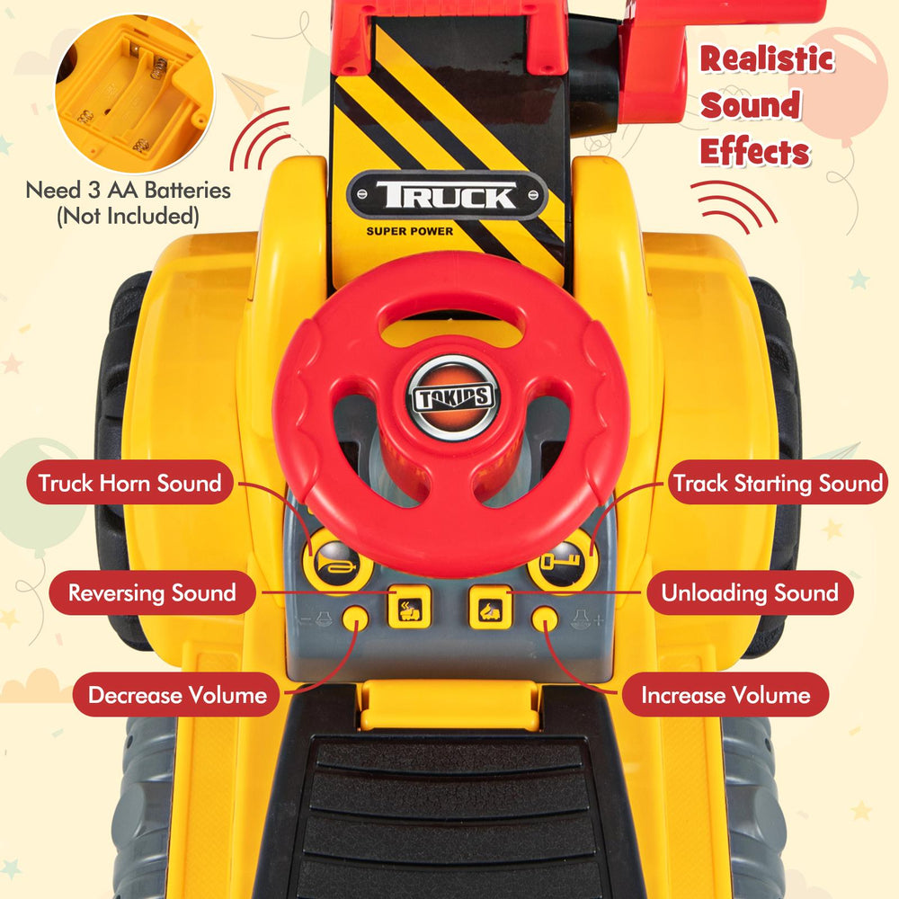 Kids ride-on bulldozer toy with adjustable bucket, realistic sound effects, and flexible steering for ages 3+.