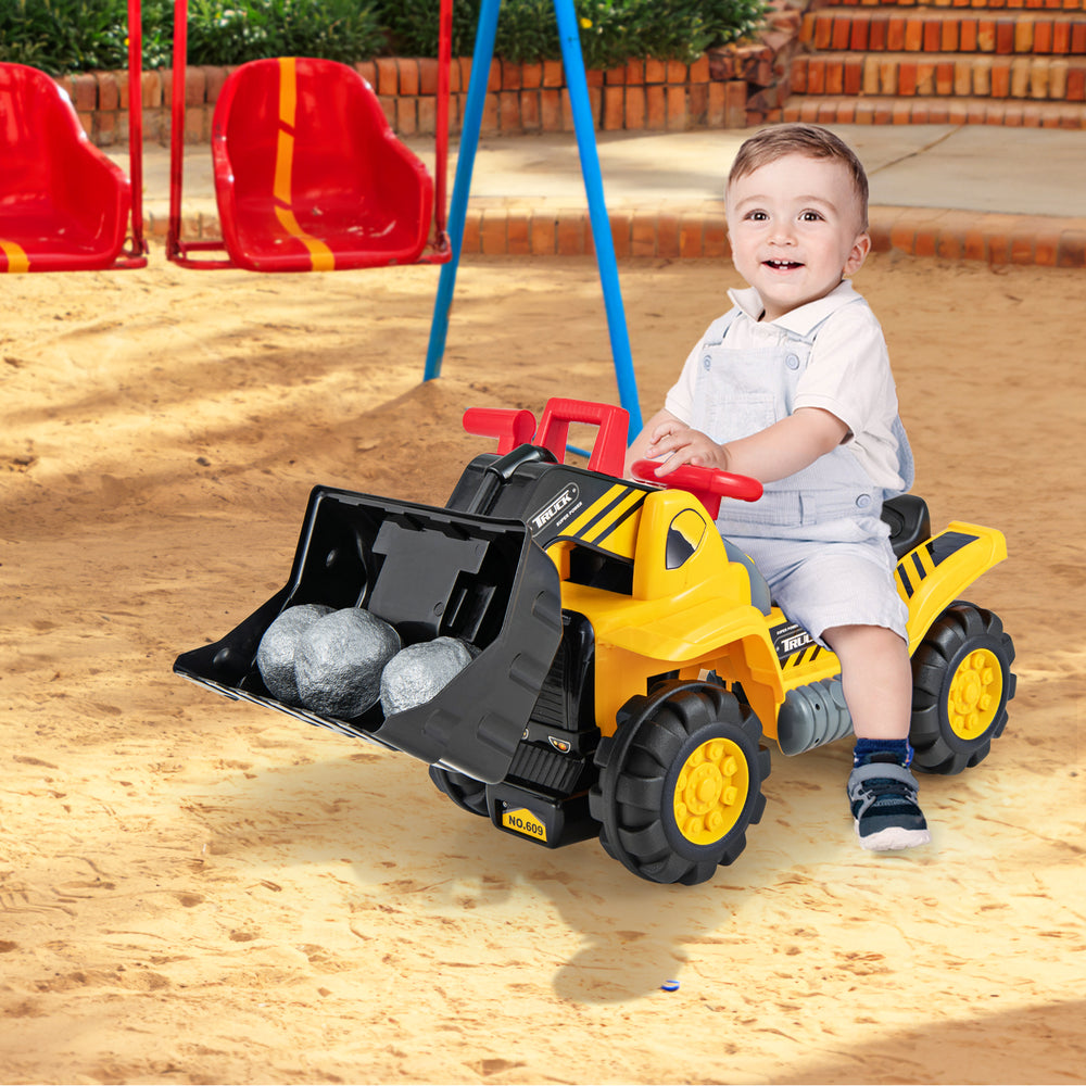 Kids ride-on bulldozer toy truck with adjustable bucket, designed for children aged 3+, featuring durable wheels and.