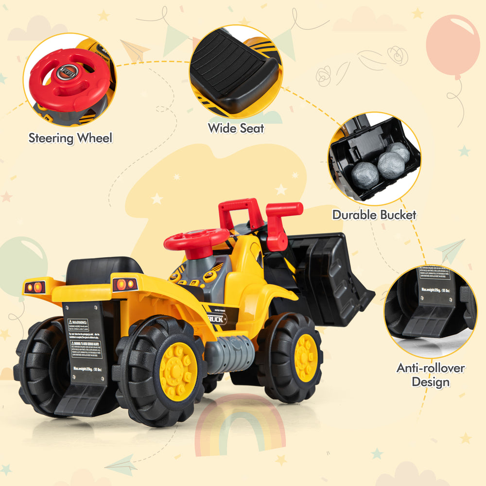 Kids ride-on bulldozer toy truck with adjustable bucket, durable wheels, and anti-rollover design for safe play.