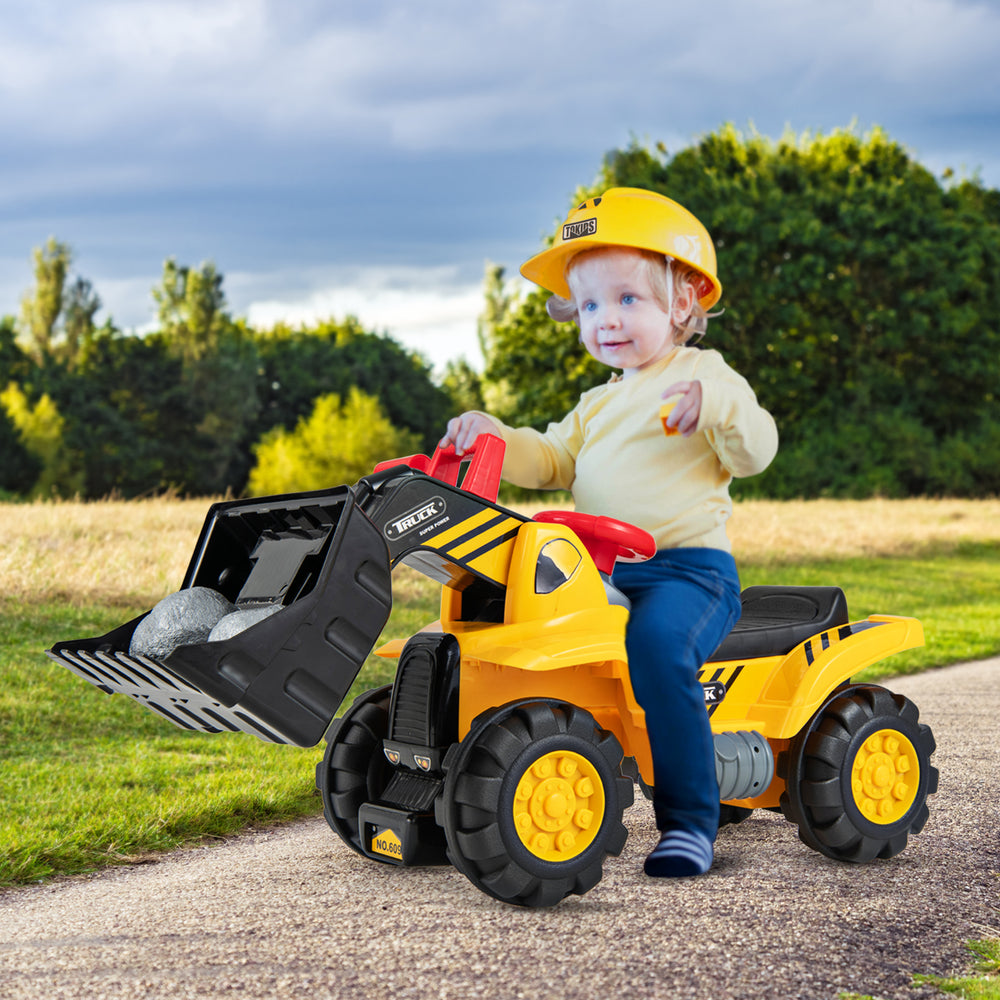 Kids ride-on bulldozer toy truck with adjustable bucket, suitable for ages 3+, featuring durable wheels for easy.