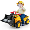Kids ride-on bulldozer toy truck with adjustable bucket, helmet, and toy stones, designed for children aged 3+.