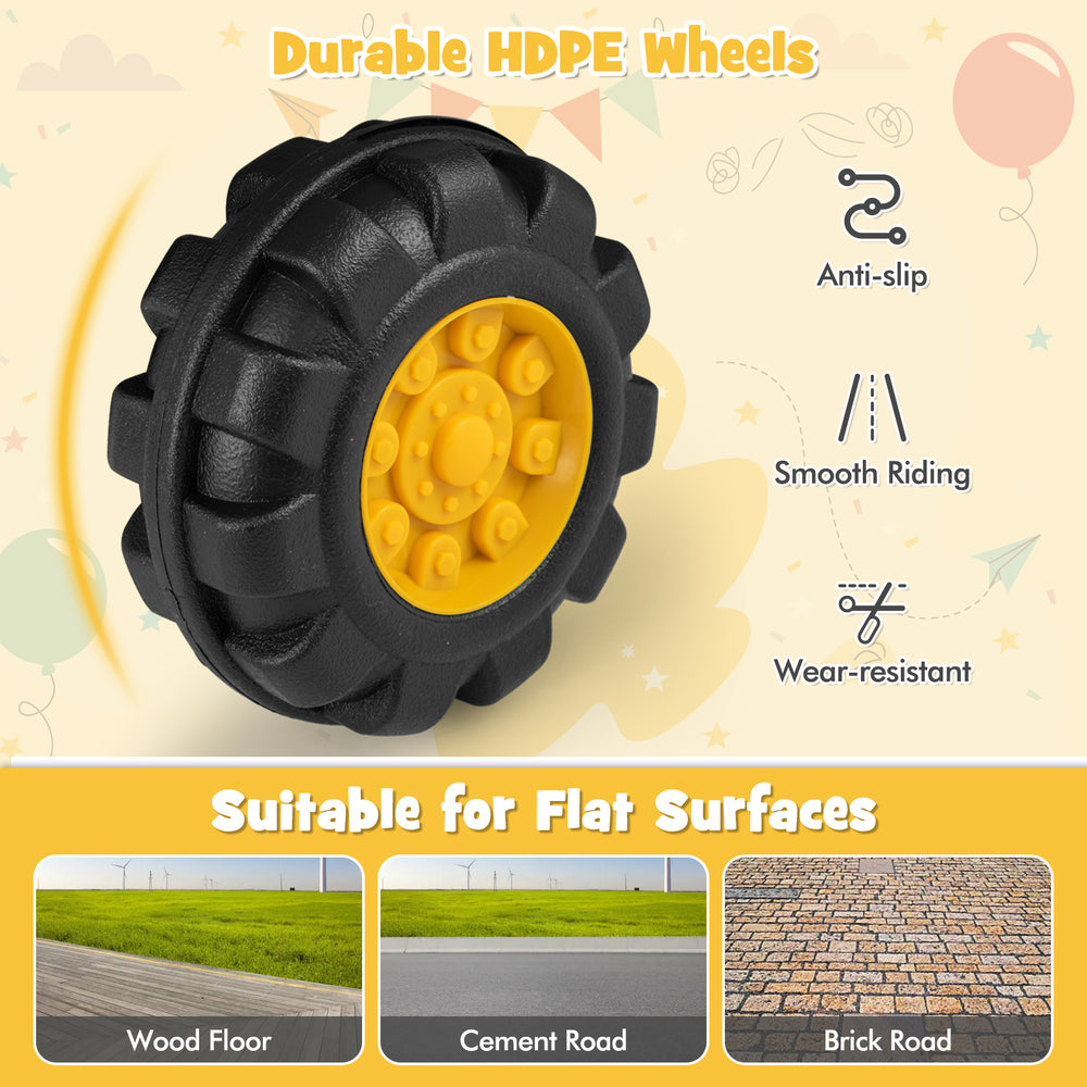 Durable HDPE wheel for Kids Ride On Bulldozer Toy, designed for smooth riding on flat surfaces like wood and brick.
