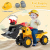 Kids ride-on bulldozer toy truck with adjustable bucket, safety helmet, and toy stones for outdoor play.