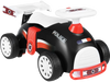 Kids ride-on police car toy in black and red with music, under-seat storage, and smooth-rolling wheels for fun playtime.