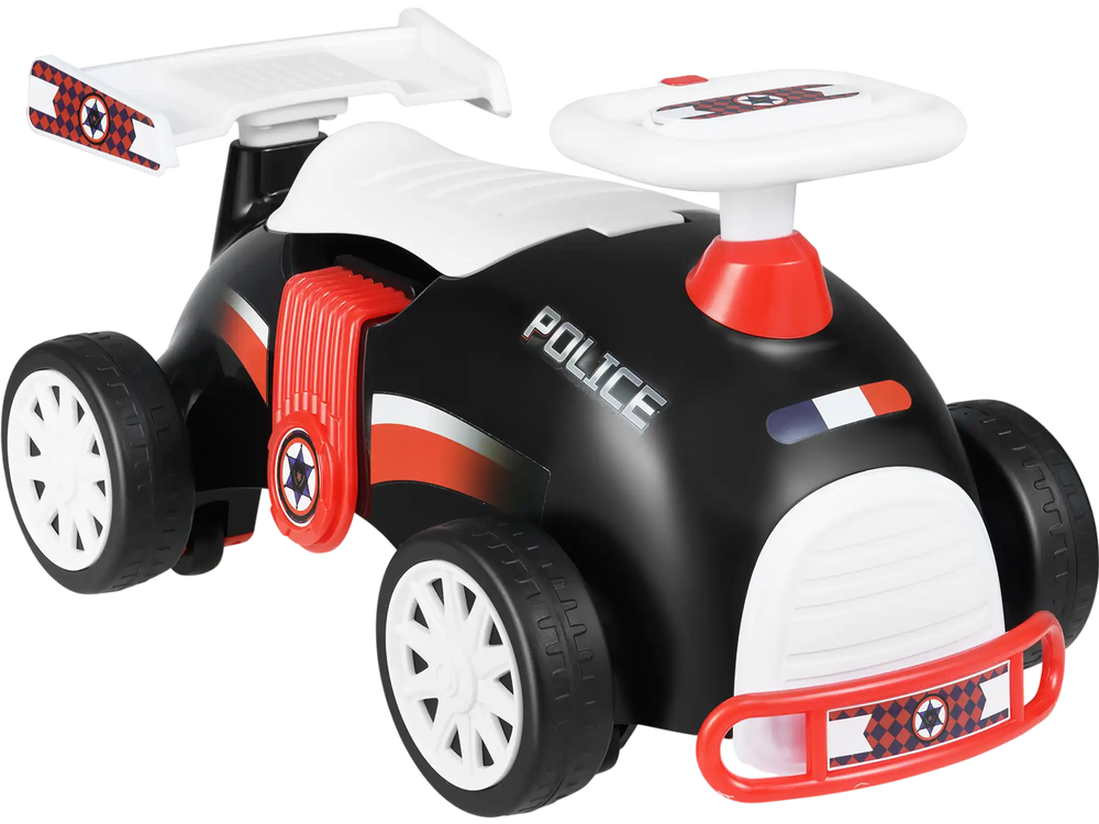Kids ride-on police car toy in black and red with music, under-seat storage, and smooth-rolling wheels for fun playtime.