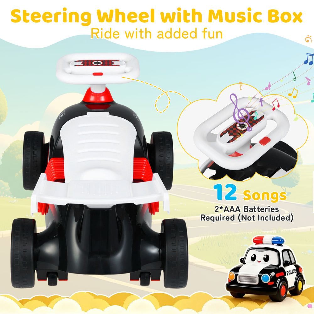 Kids ride-on car sliding toy in black and red with steering wheel music box and under-seat storage for fun and.
