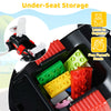 Kids ride-on car toy in black and red with under-seat storage for organizing toys and music feature for added fun.