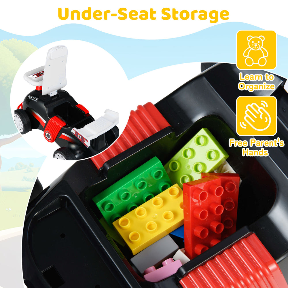 Kids ride-on car toy in black and red with under-seat storage for organizing toys and music feature for added fun.