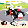 Kids ride-on car toy in black and red with music, under-seat storage, and cool rear wings for fun and motor skill.