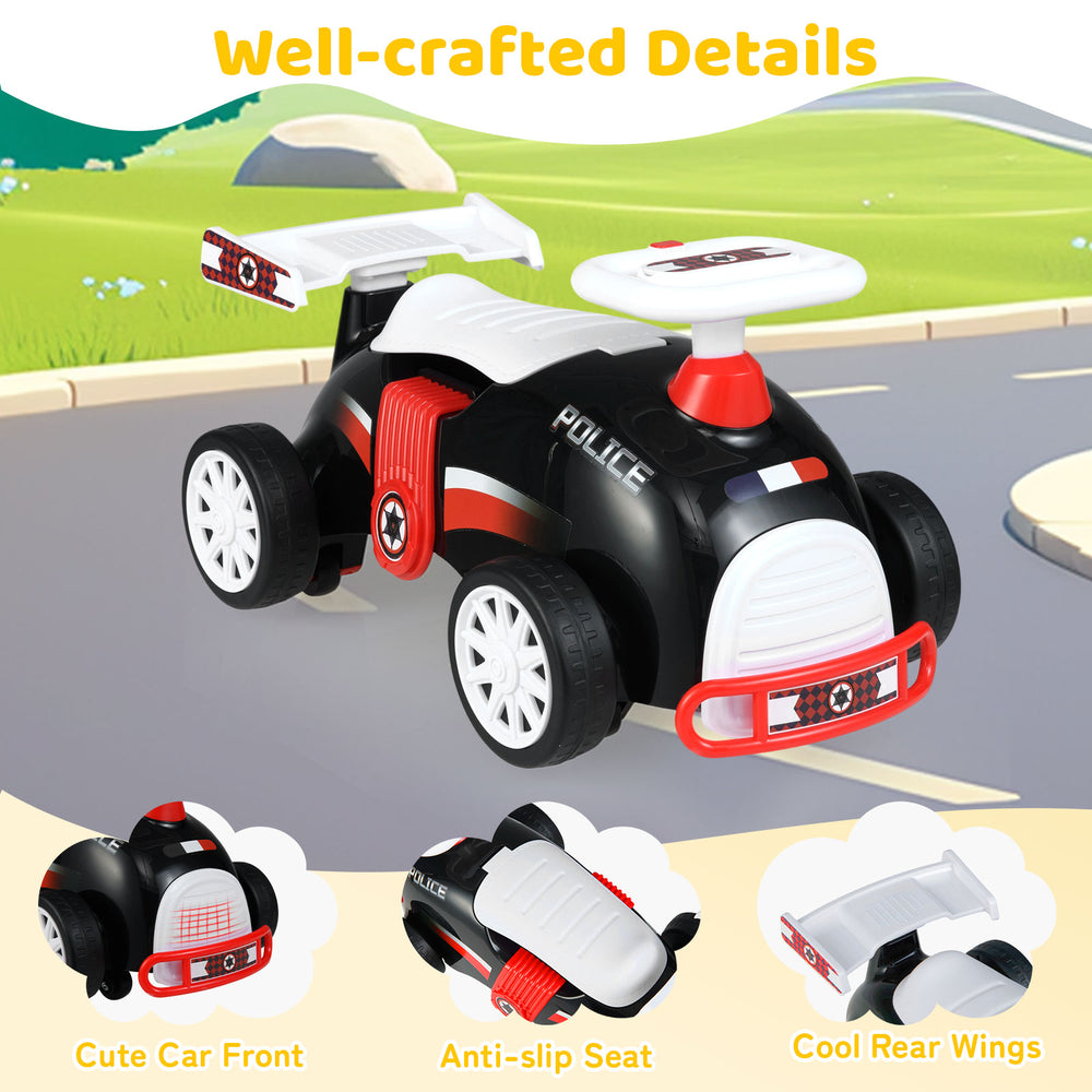 Kids ride-on car toy in black and red with music, under-seat storage, and cool rear wings for fun and motor skill.