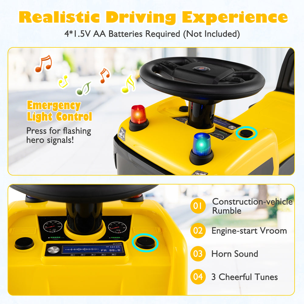 Kids ride-on push car in yellow with steering wheel, realistic sounds, and under-seat storage for fun and organization.
