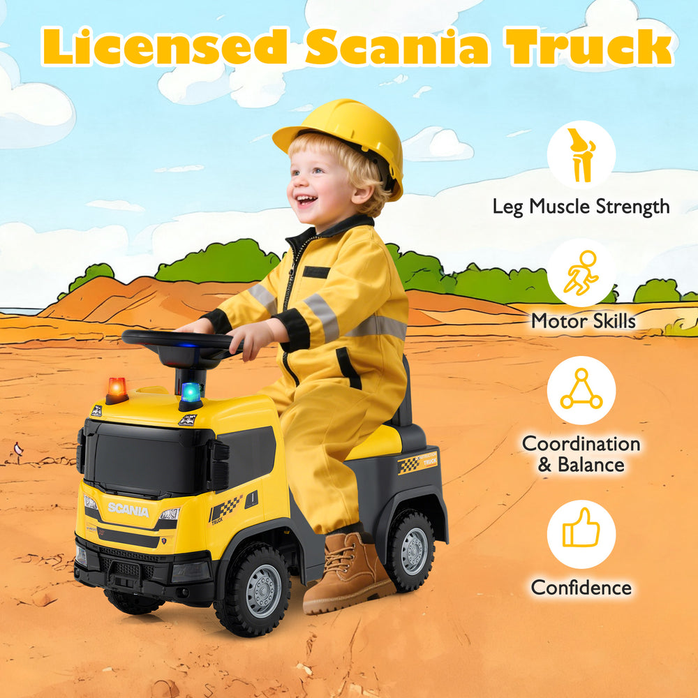 Kids ride-on push car licensed SCANIA truck in yellow, featuring steering wheel, music, and under-seat storage for fun.