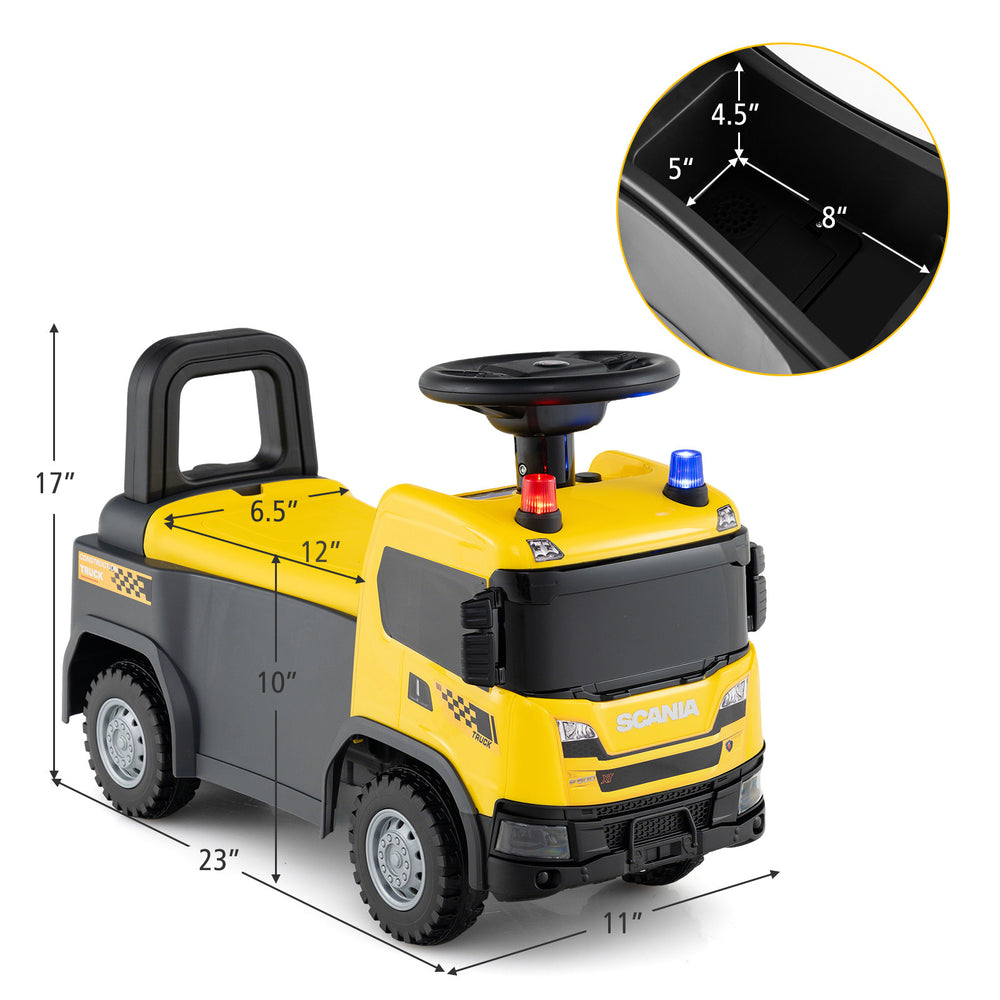 Kids ride-on push car in yellow with steering wheel, storage, and safety features for indoor and outdoor fun.