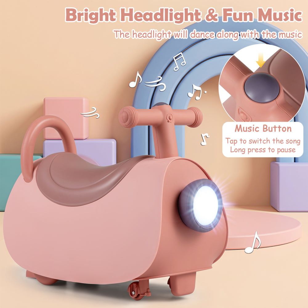 Kids ride-on push car in pink with headlight, fun music, and under-seat storage for toddlers aged 18-36 months.