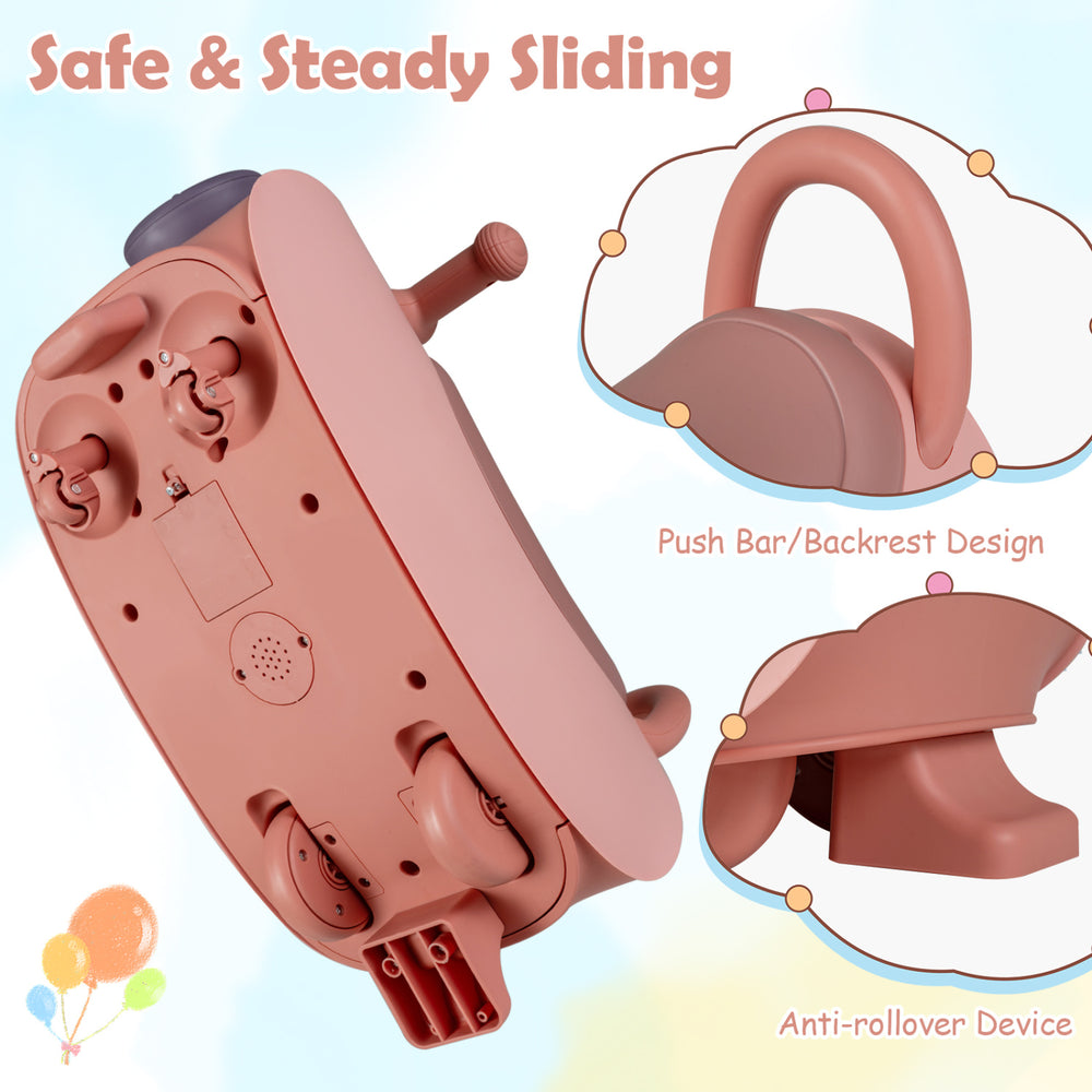 Kids ride-on push car in pink features a headlight, music, and under-seat storage for toddlers aged 18-36 months.
