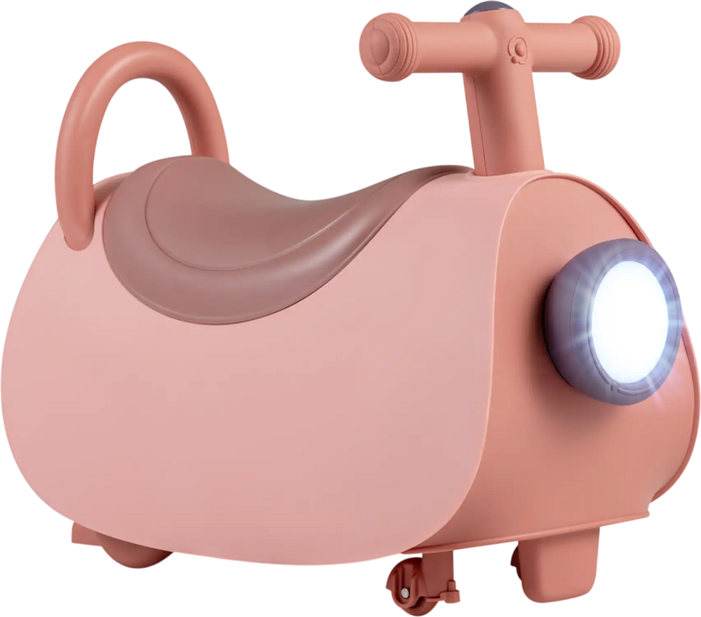 Kids ride-on push car in pink with headlight, music, and under-seat storage, designed for toddlers aged 18-36 months.