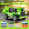 Kids ride on dump truck in green with electric dump bed, designed for safe operation on various surfaces.
