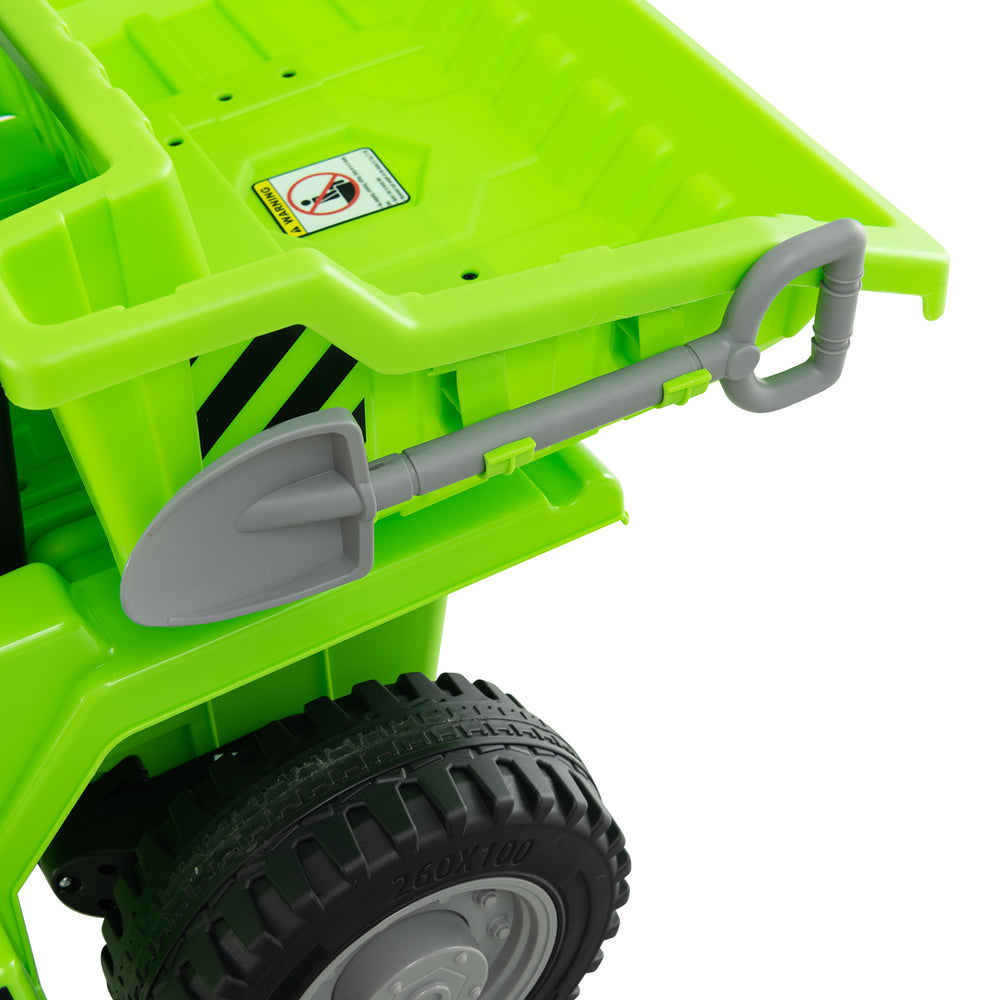 Bright green kids ride-on dump truck with a toy shovel attached, featuring an electric dump bed for fun outdoor play.