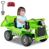 Kids ride-on dump truck in green with electric dump bed, remote control, and toy shovel for outdoor fun.