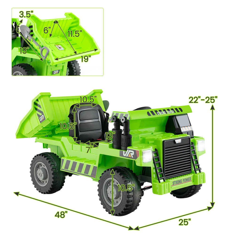 Dimensions of the green kids ride-on dump truck showing the size chart, designed for safe outdoor play and fun.