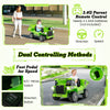 Kids ride-on dump truck in green with remote control, foot pedal, and electric dump bed for fun outdoor play.