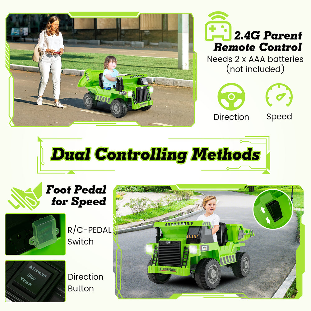 Kids ride-on dump truck in green with remote control, foot pedal, and electric dump bed for fun outdoor play.
