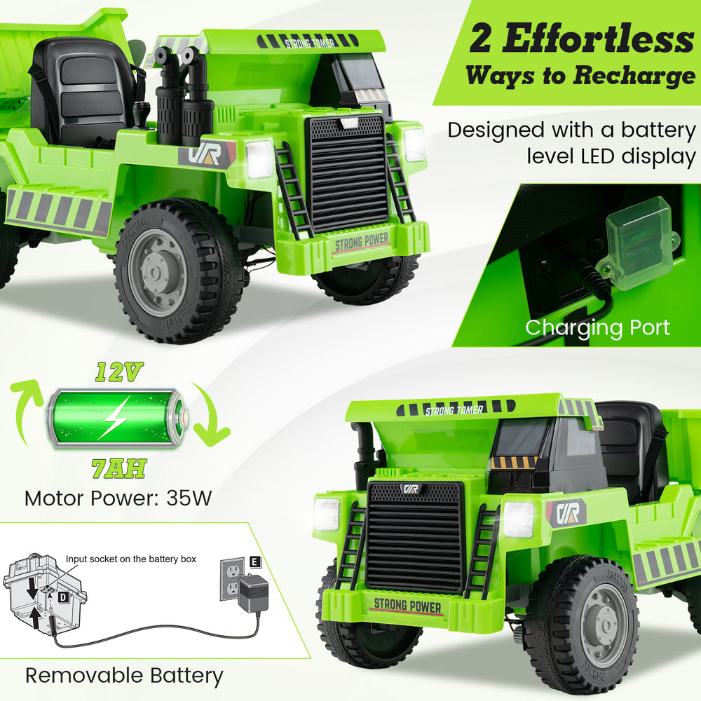 Kids ride-on dump truck in green with electric dump bed, 12V battery, and LED display for outdoor fun and safety.