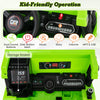 Kid-friendly control panel of the green Kids Ride on Dump Truck with music, volume, and dual sound buttons.