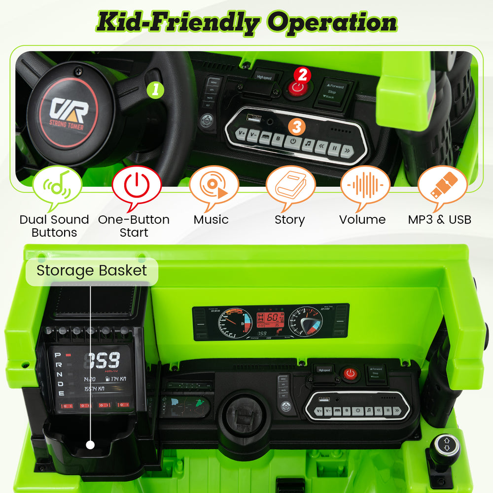Kid-friendly control panel of the green Kids Ride on Dump Truck with music, volume, and dual sound buttons.