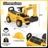 Kids ride-on excavator in yellow with adjustable shovel, ergonomic backrest, and under-seat storage for outdoor play.
