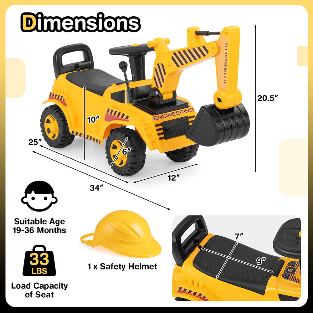 Kids ride-on excavator in yellow with adjustable shovel, ergonomic backrest, and under-seat storage for outdoor play.