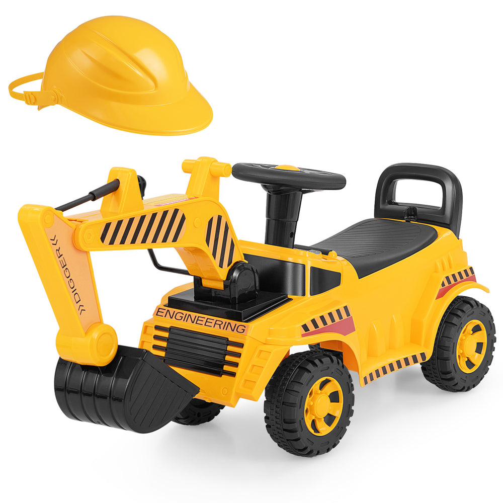 Kids ride-on excavator in yellow featuring a side lever for bucket control, ideal for imaginative indoor and outdoor.
