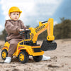 Kids ride-on excavator in yellow featuring a middle handle for back arm control, perfect for outdoor adventures.