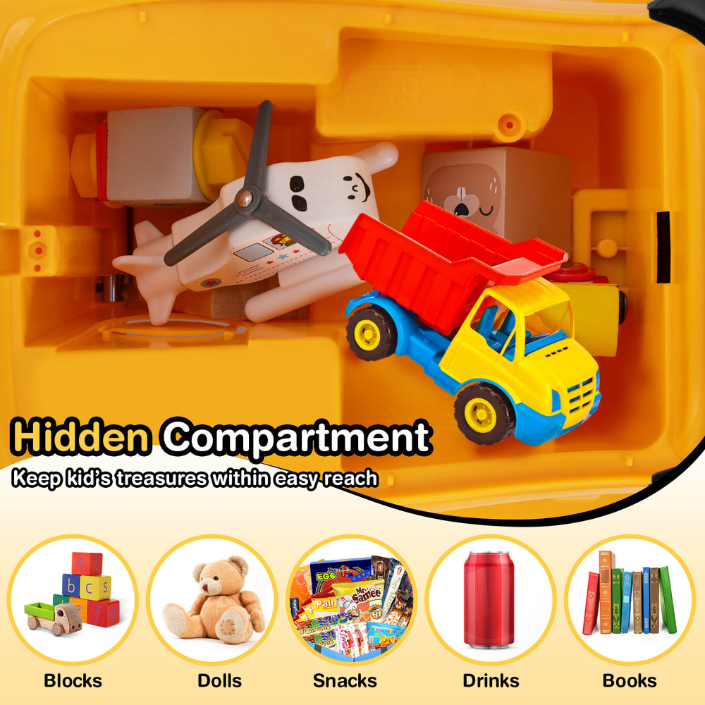 Kids ride-on excavator in yellow with adjustable shovel and hidden storage for blocks, snacks, and toys for.