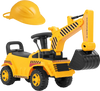 Kids ride-on excavator in yellow with adjustable shovel, ergonomic backrest, and under-seat storage for outdoor fun.