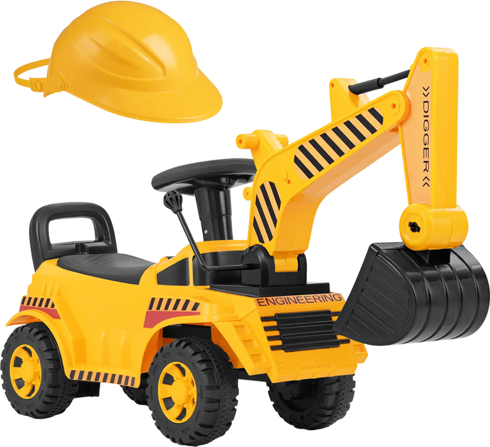 Kids ride-on excavator in yellow with adjustable shovel, ergonomic backrest, and under-seat storage for outdoor fun.