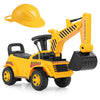 Kids ride-on excavator in yellow with treaded wheels and a hard hat, ensuring stability and safety for adventurous play.