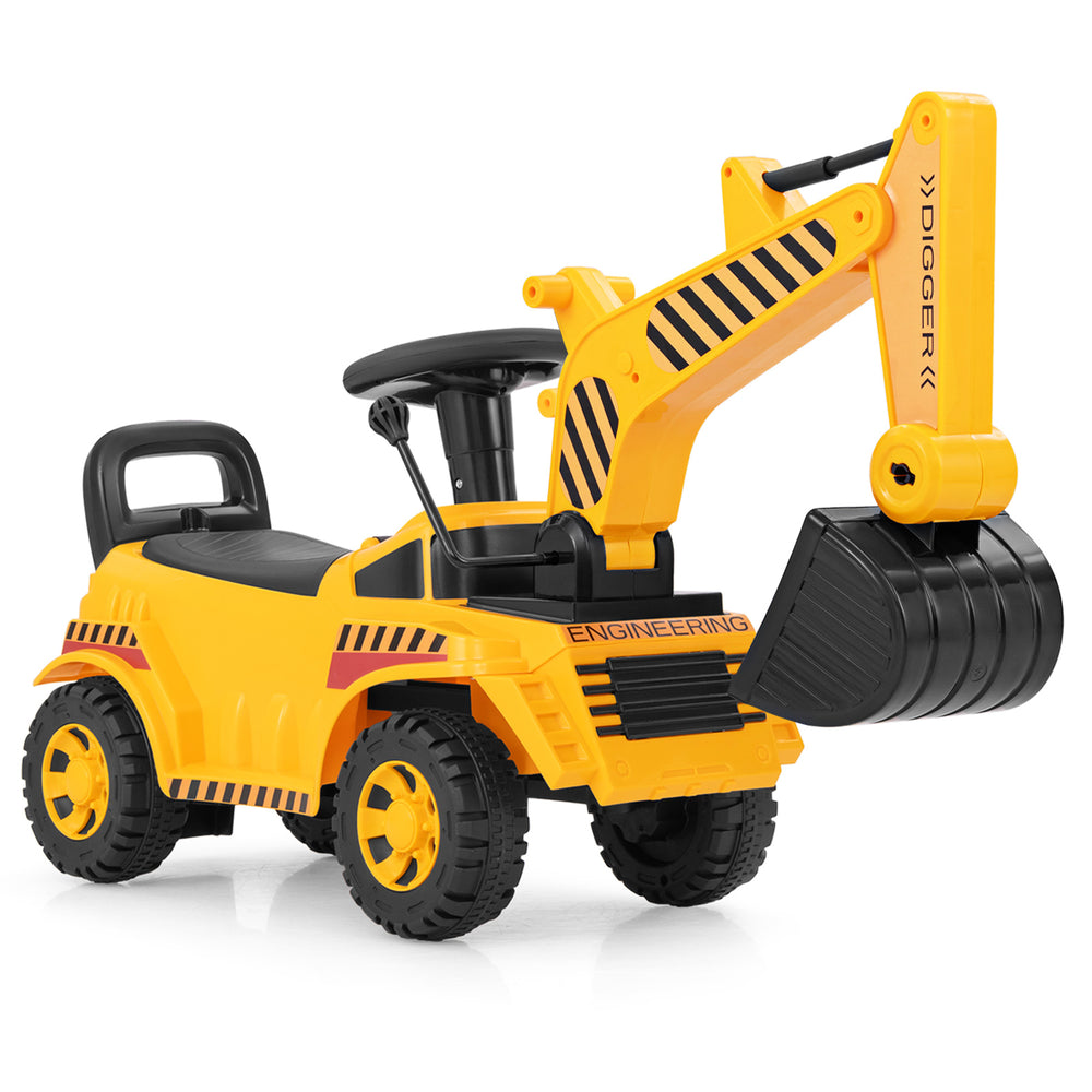 Kids ride-on excavator in yellow showcasing an adjustable shovel and sturdy design, perfect for imaginative outdoor.