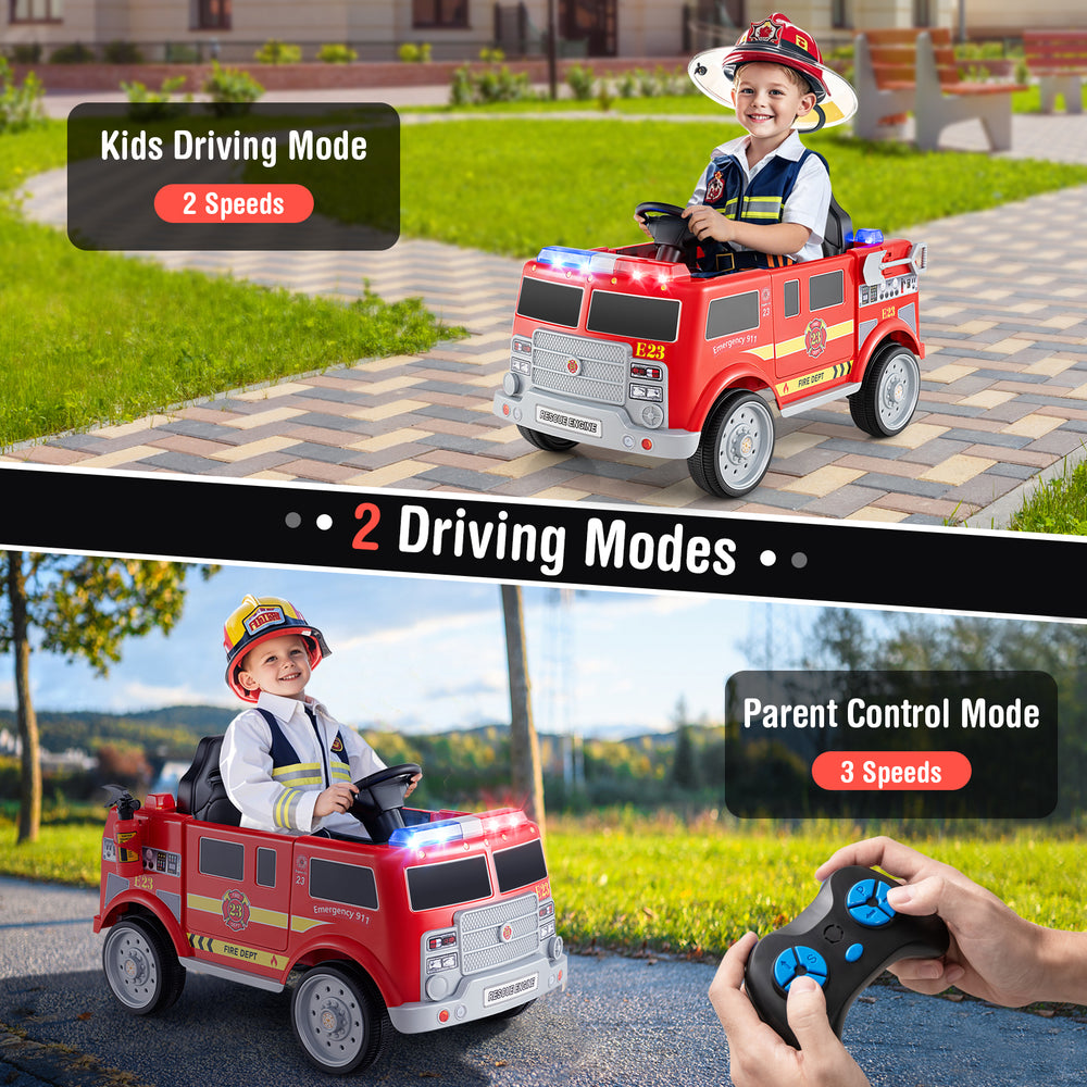 Kids ride-on fire truck in red with remote control, featuring 2 driving modes and a storage compartment for fun play.