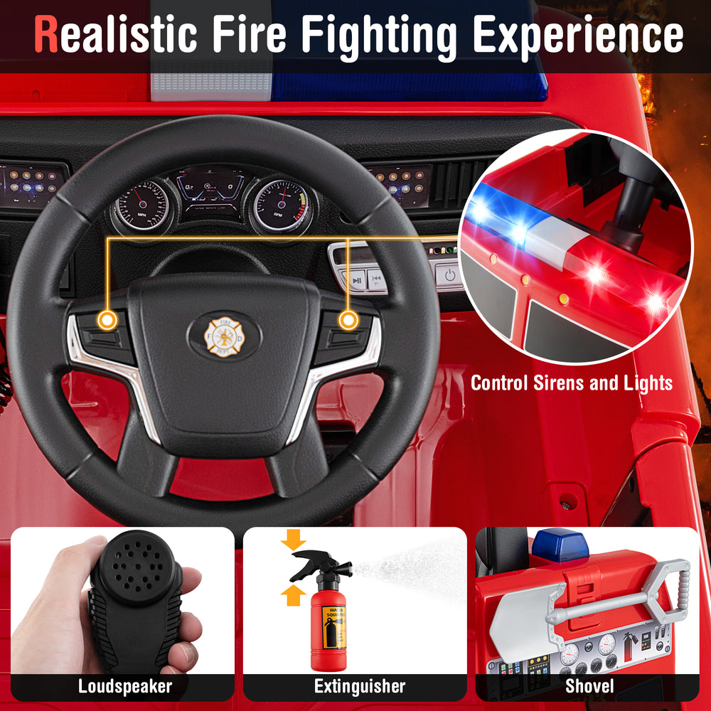 Kids ride-on fire truck steering wheel with buttons for sirens and lights, featuring a loudspeaker and extinguisher for.
