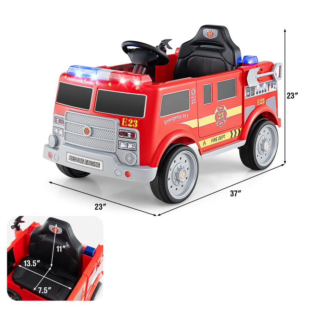Kids ride-on fire truck in red with remote control, storage compartment, and safety features for ages 3-8 years.
