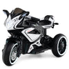 Kids ride-on motorcycle in black with LED lights, designed for ages 3+, featuring a stable three-wheel structure.