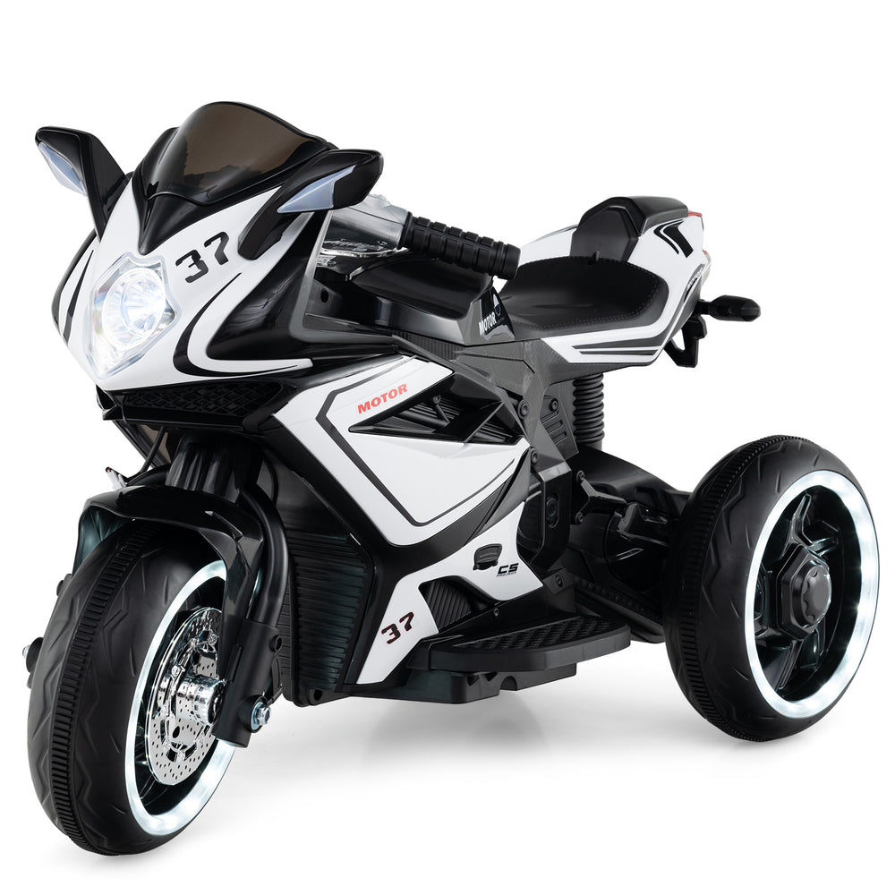 Kids ride-on motorcycle in black with LED lights, designed for ages 3+, featuring a stable three-wheel structure.