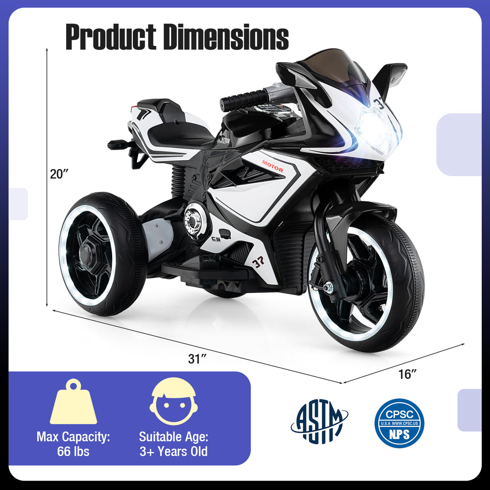 Kids ride-on motorcycle with LED lights, 6V battery, and a max capacity of 66 lbs, suitable for ages 3 and up.