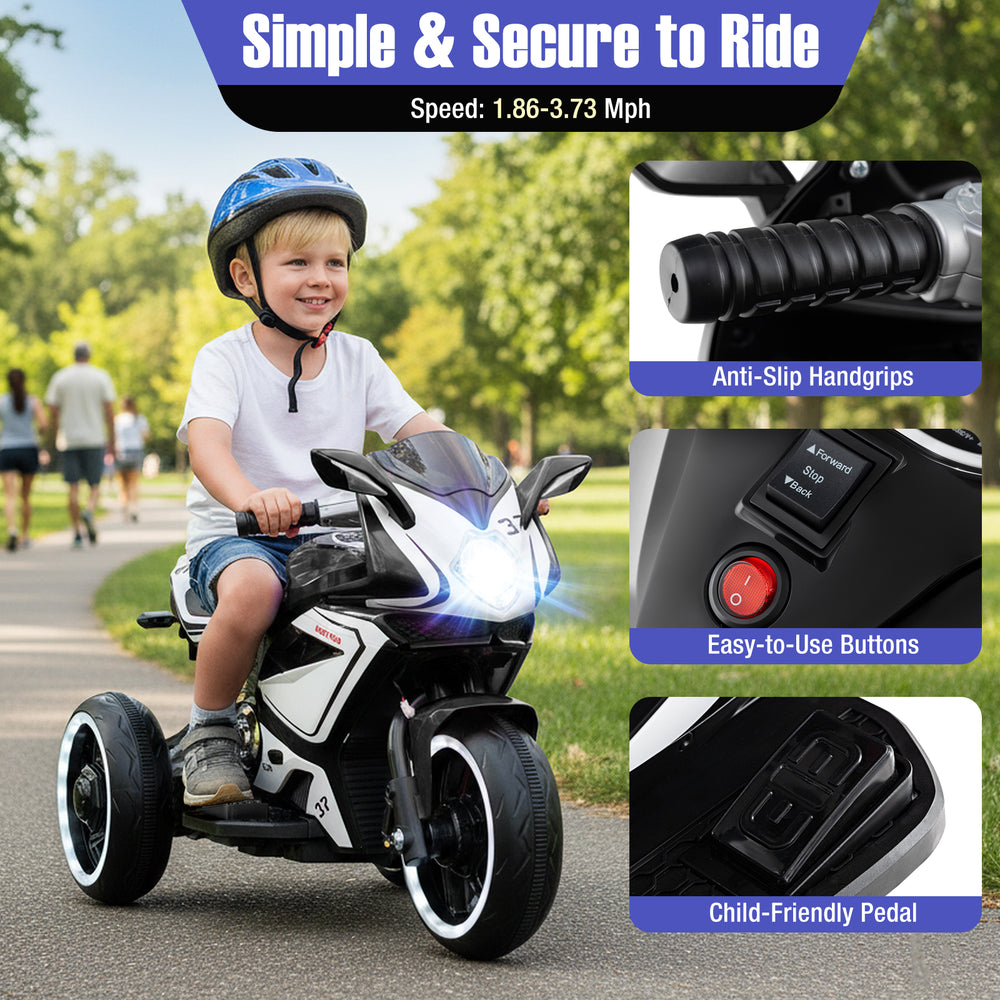 Kids ride-on motorcycle in black with LED lights, featuring anti-slip handgrips and a child-friendly pedal for safe fun.