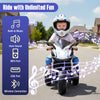 Kids ride-on motorcycle in black with LED lights, built-in music, and a safe speed range of 3-7 mph for outdoor fun.